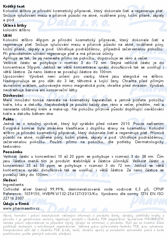 Koloidní stříbro Ag100 40ppm 300ml